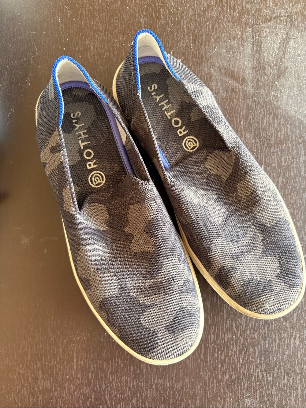Rothy's Slip-On Sneakers in Black and Gray Camo
